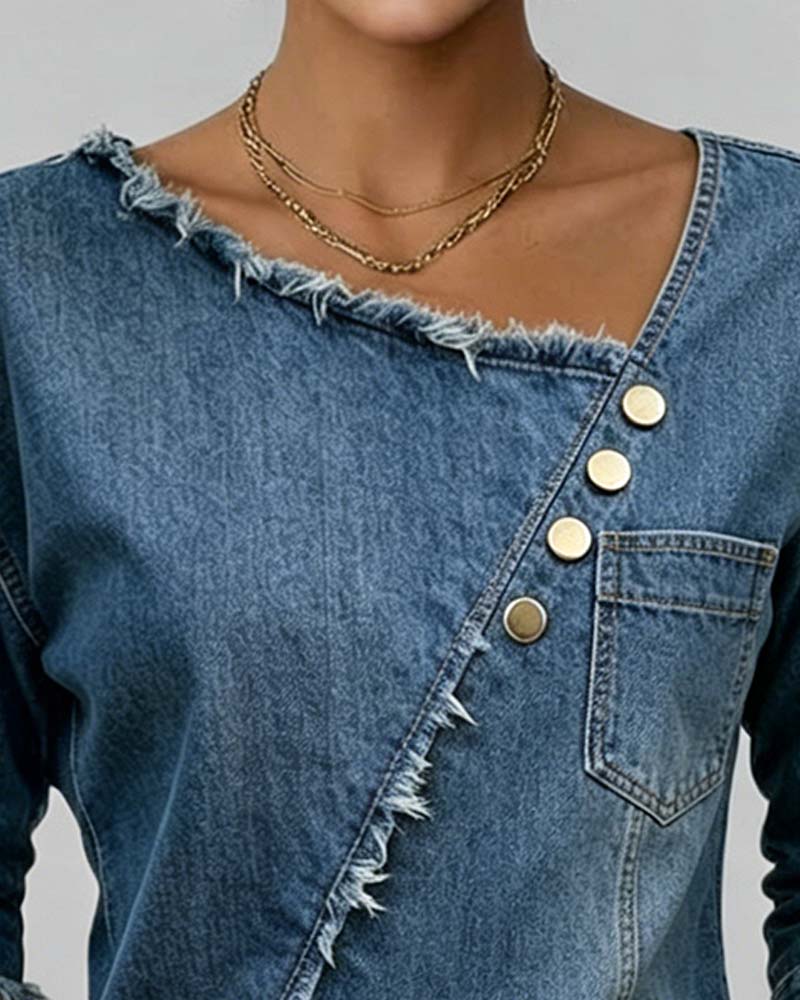 Blusa de jean con cuello inclinado y mangas largas