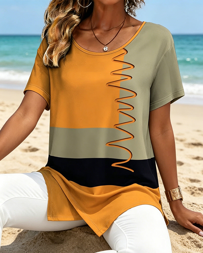 Camiseta de bloque de color irregular de manga corta