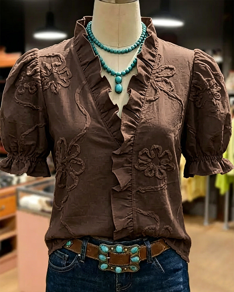 Blusa cuello en V con borde volante y manga abullonada