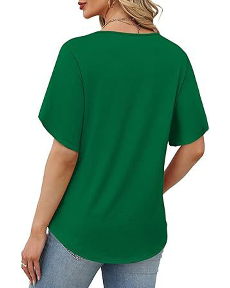 Camiseta de cuello en V, abertura pequeña, mangas cortas, lisa