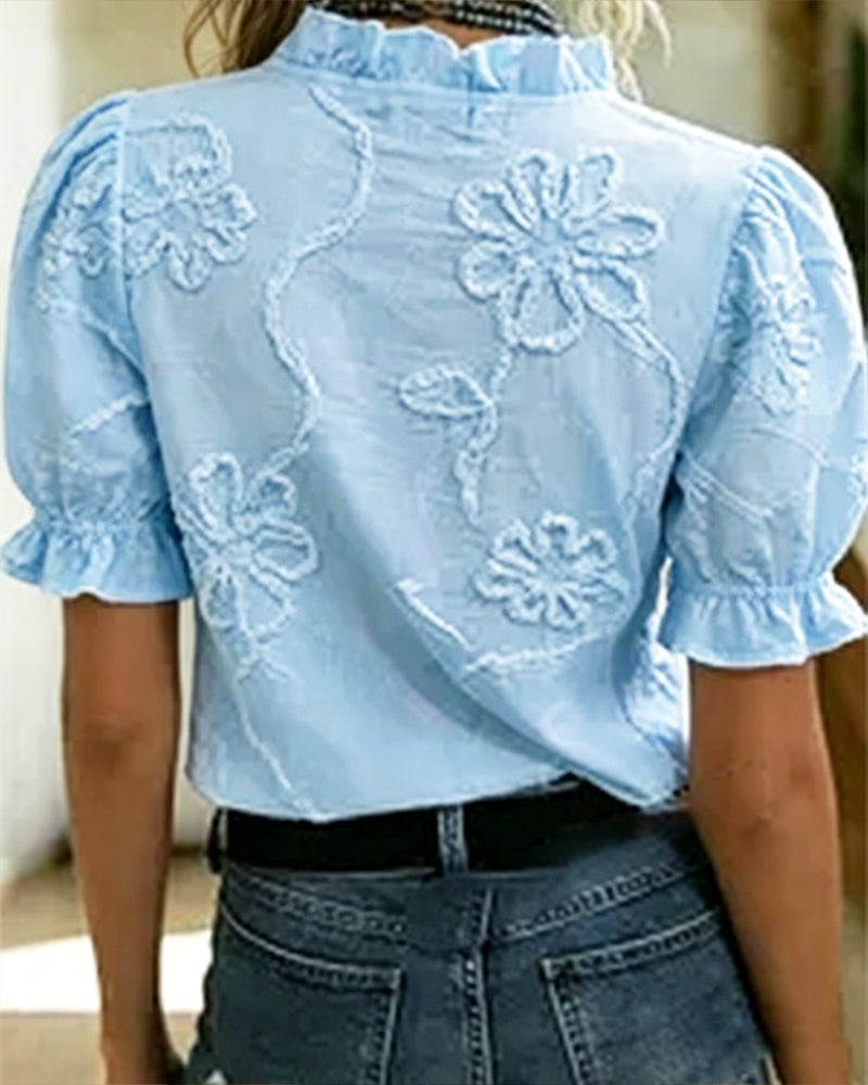 Blusa cuello en V con borde volante y manga abullonada