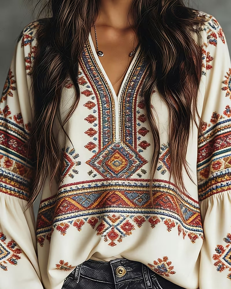 Blusa étnica geométrica estampada con manga farol