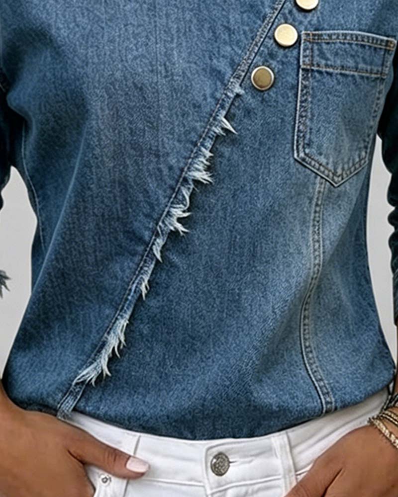 Blusa de jean con cuello inclinado y mangas largas