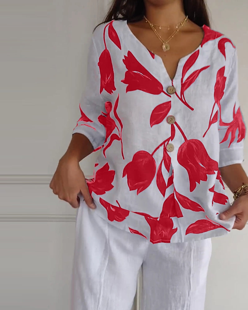 Top abotonado de algodón y lino con estampado floral