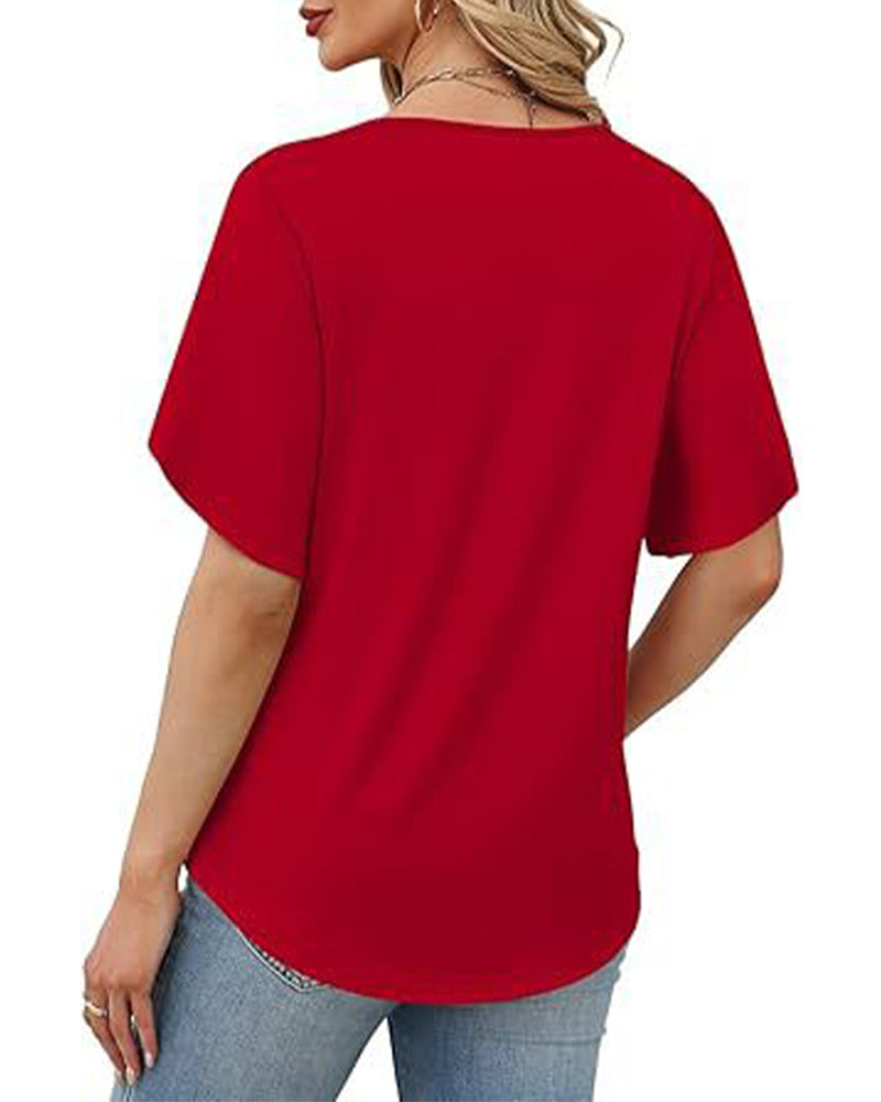 Camiseta de cuello en V, abertura pequeña, mangas cortas, lisa