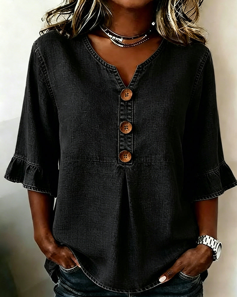 Blusa vaquera de cuello en V con manga acampanada