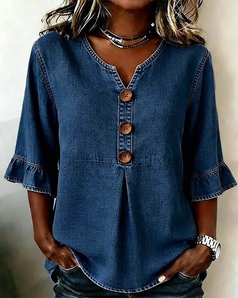Blusa vaquera de cuello en V con manga acampanada