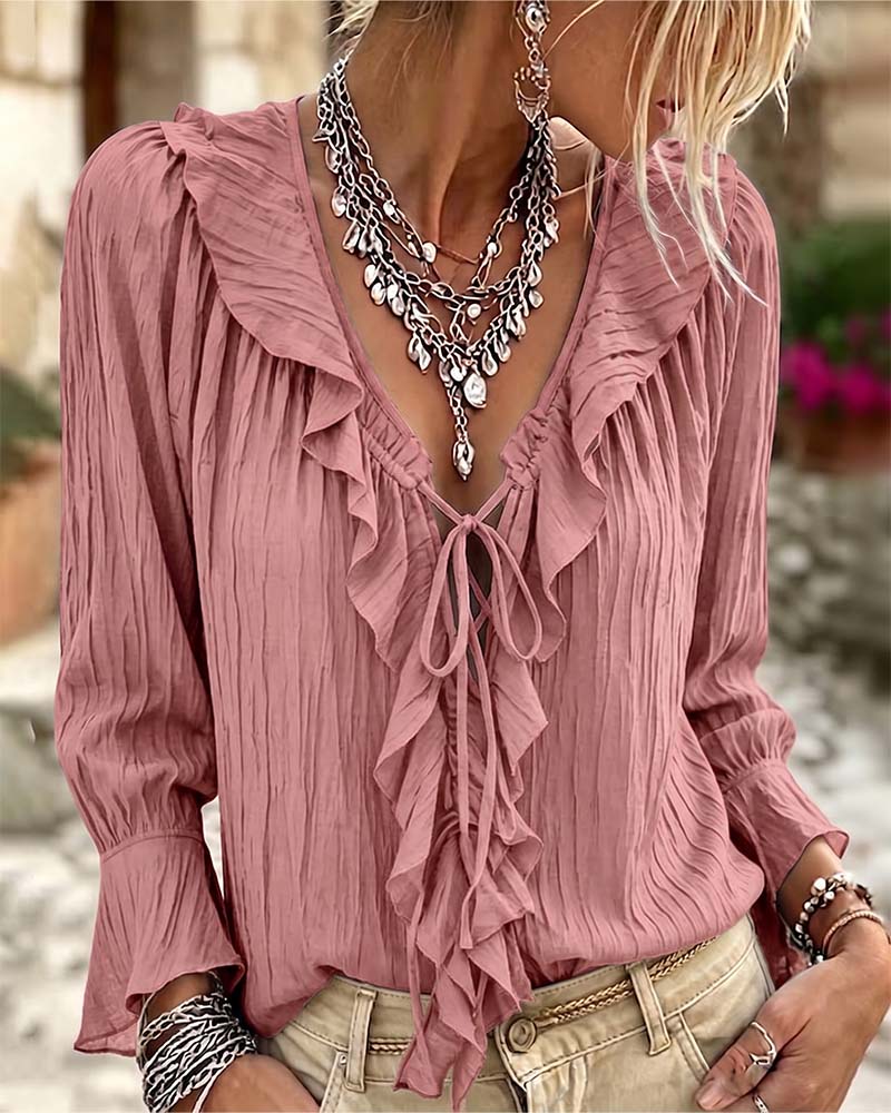Blusa de manga larga con volante y ribete de encaje