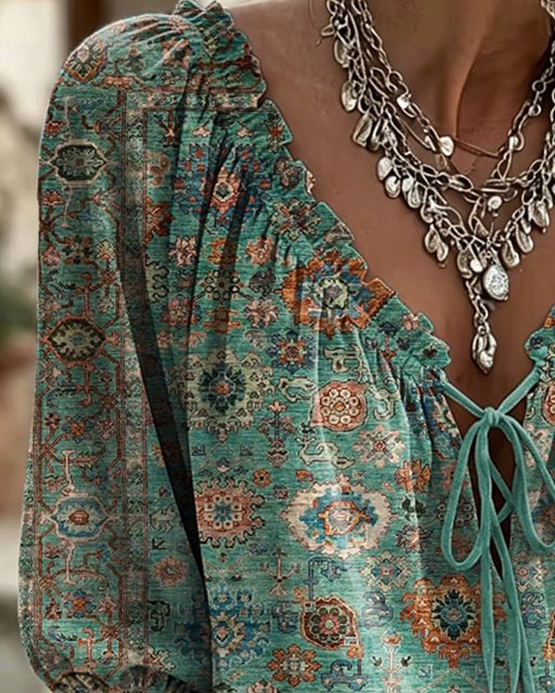 Blusa de escote en V con lazo, estampado vintage