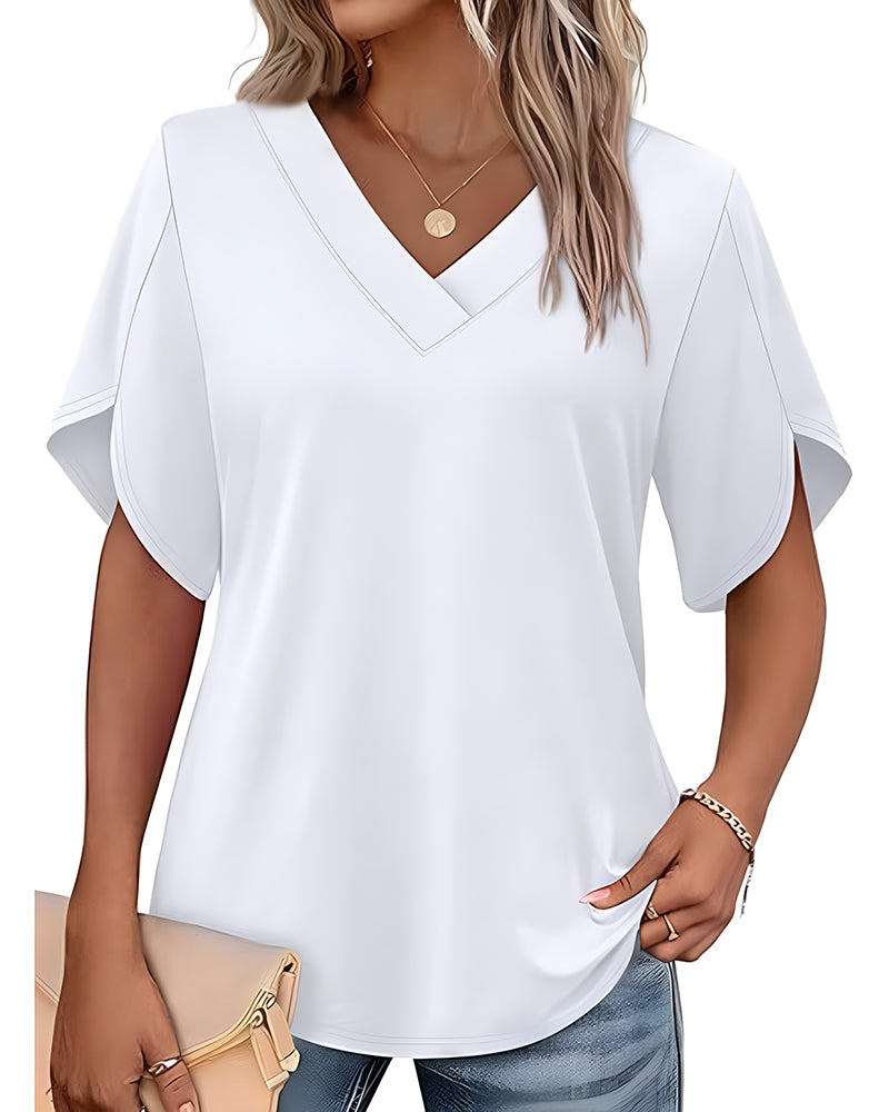 Camiseta de cuello en V, abertura pequeña, mangas cortas, lisa