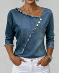 Blusa de jean con cuello inclinado y mangas largas