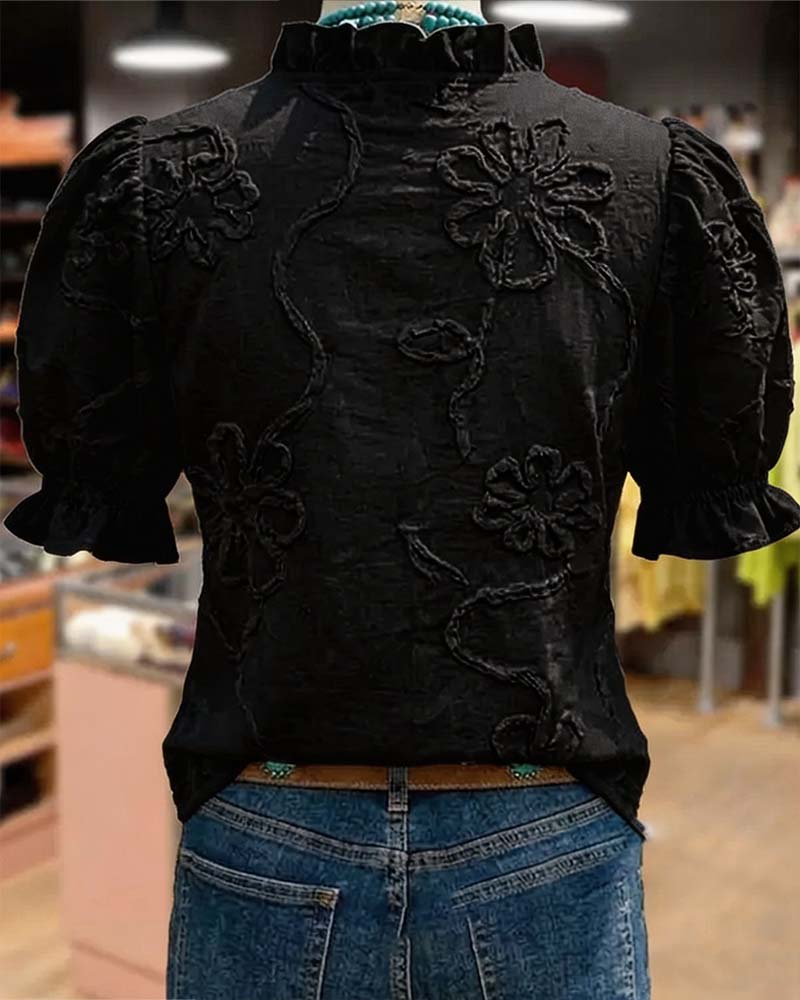 Blusa cuello en V con borde volante y manga abullonada