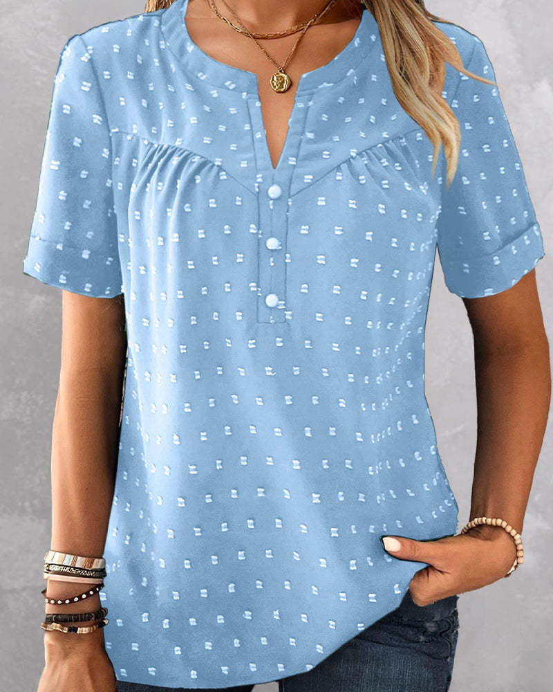 Blusa jacquard con cuello en V y tapeta parcial de manga corta