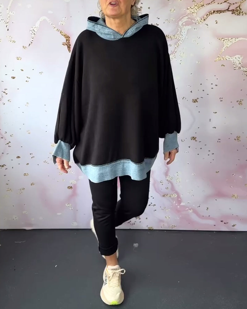 Sudadera con capucha casual de mangas farol de color contrastante