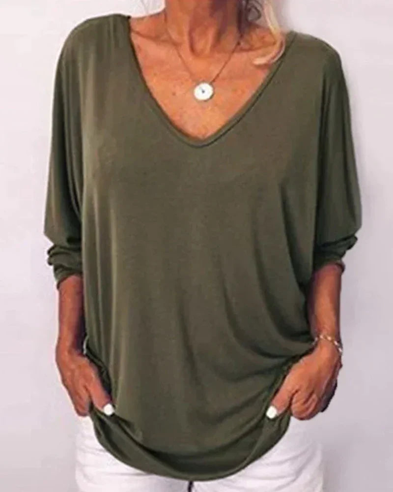 Top de cuello en V con botones en la espalda, mangas 3/4