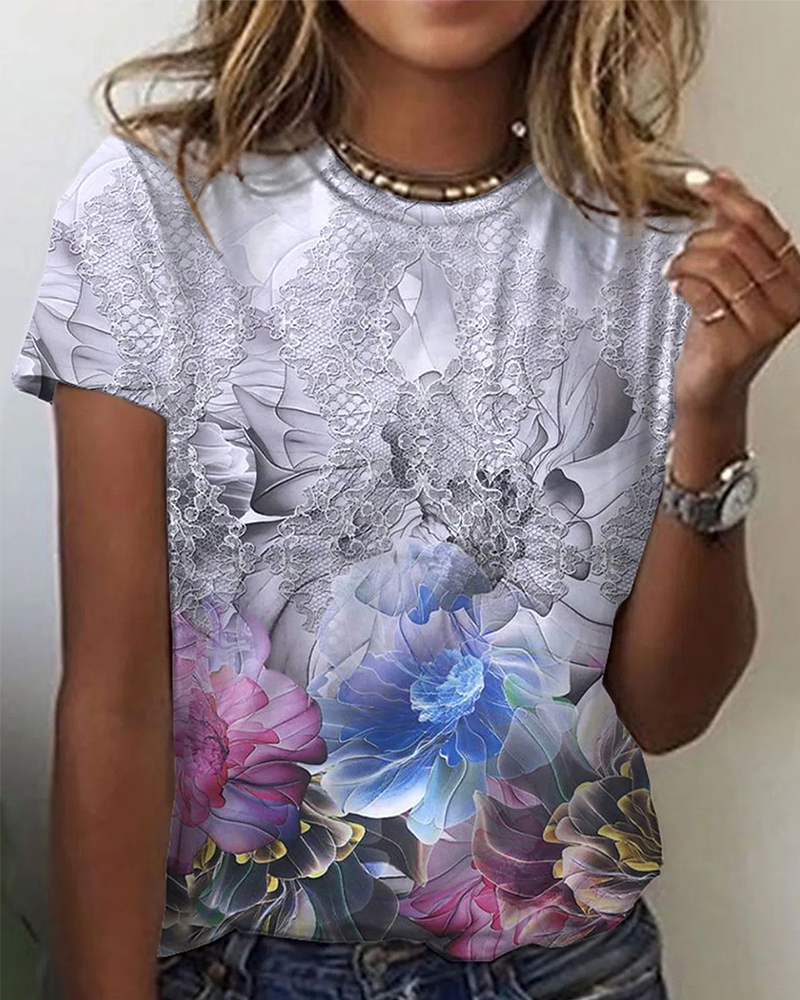 Camiseta estampada de cuello redondo sencillo