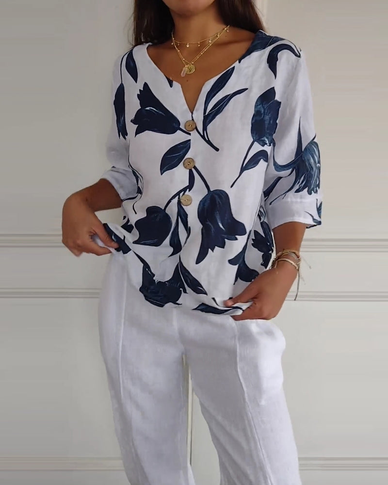 Top abotonado de algodón y lino con estampado floral