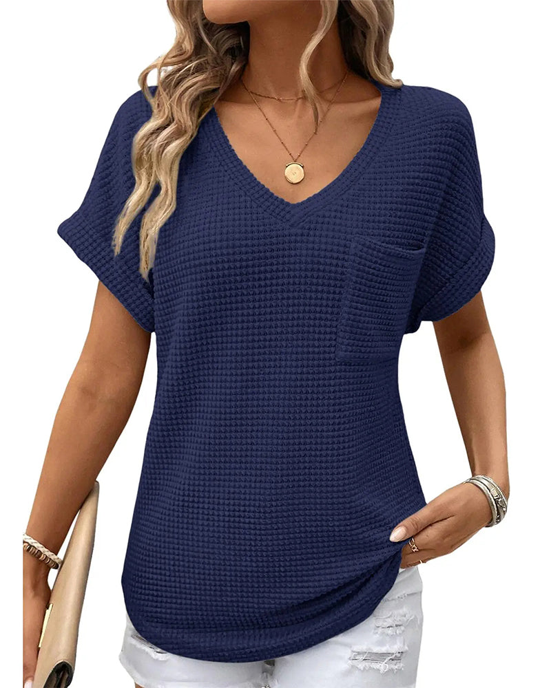 Camiseta para mujer de punto texturizado con escote en V, casual, verano