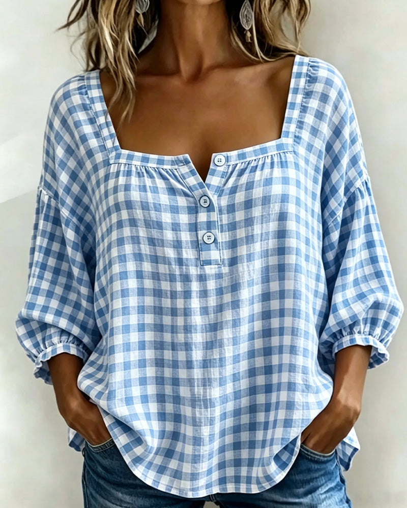 Blusa de cuello cuadrado con botones, estampado escocés