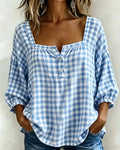 Blusa de cuello cuadrado con botones, estampado escocés