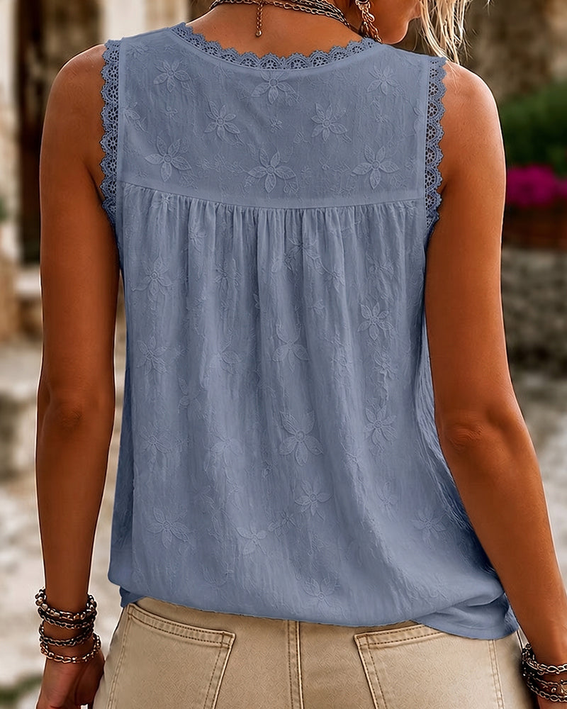Top sin mangas de cuello en V liso con encaje
