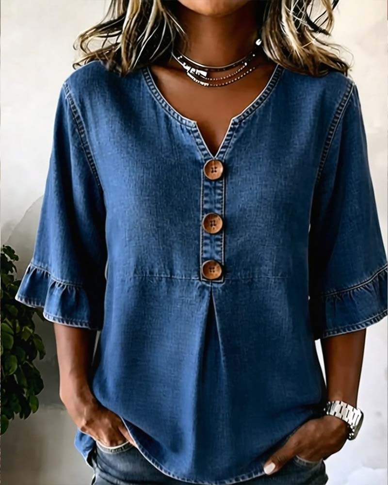 Blusa vaquera de cuello en V con manga acampanada