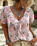 Blusa de escote en V con volante y manga abullonada