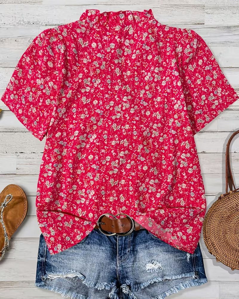 Blusa de escote en V con botones, estampado floral