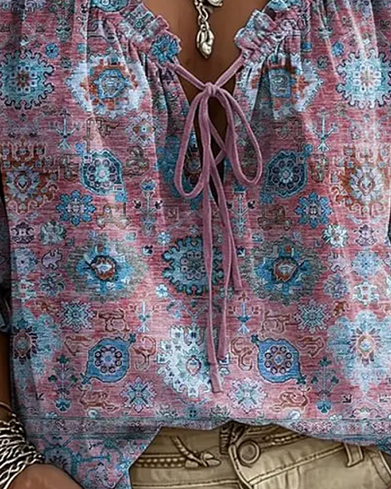 Blusa de escote en V con lazo, estampado vintage