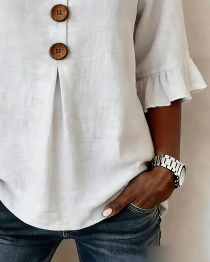 Blusas lisas de algodón-lino con botones de madera y volantes