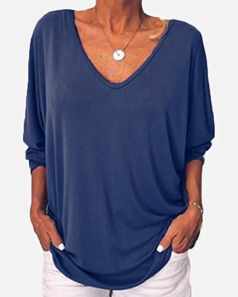 Top de cuello en V con botones en la espalda, mangas 3/4