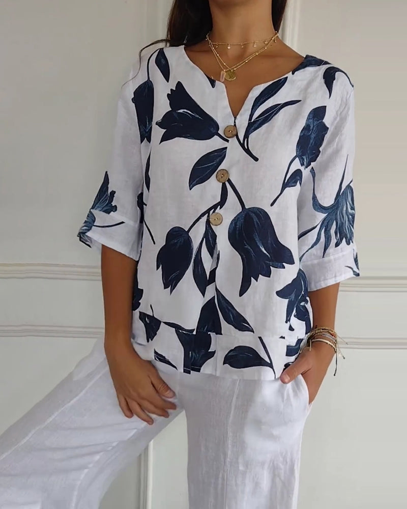 Top abotonado de algodón y lino con estampado floral