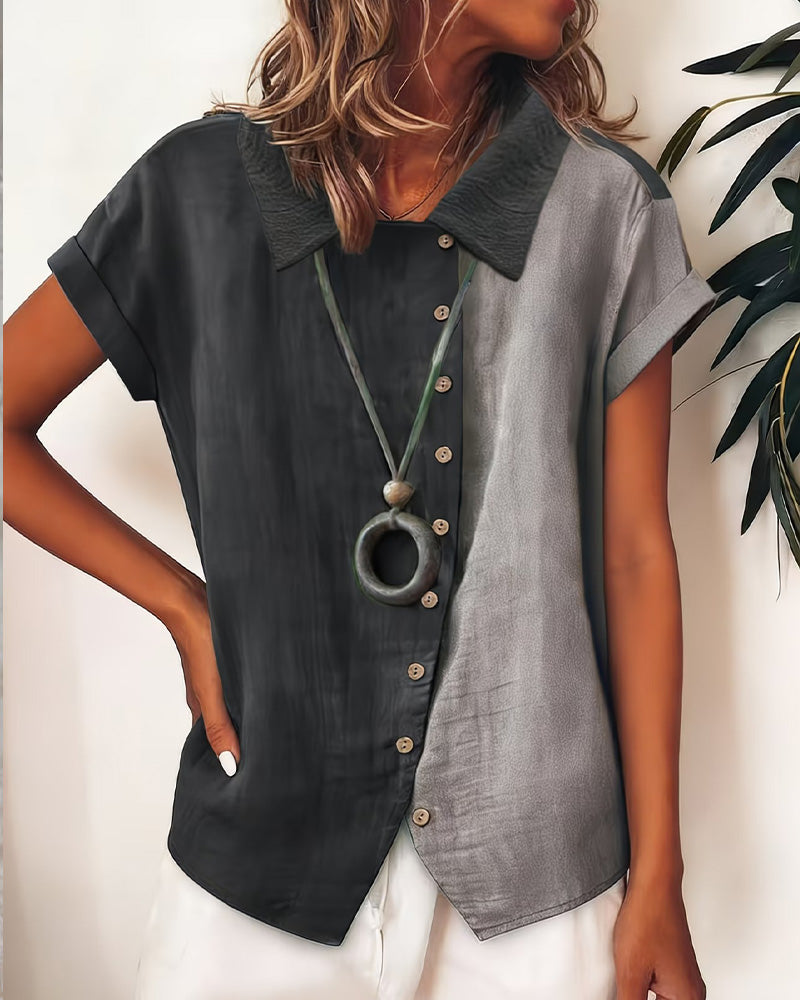 Camisa con solapas de color blocking y mangas cortas