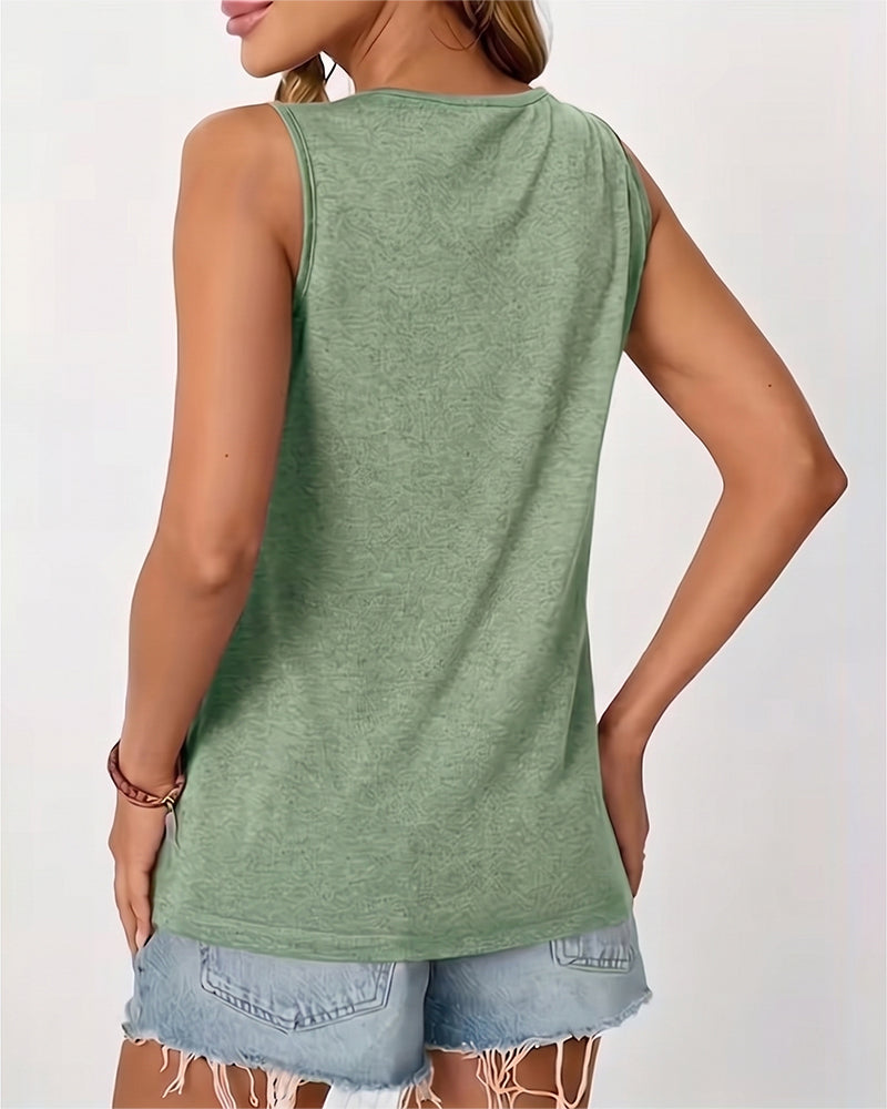 Top sin mangas liso con cuello en U plisado