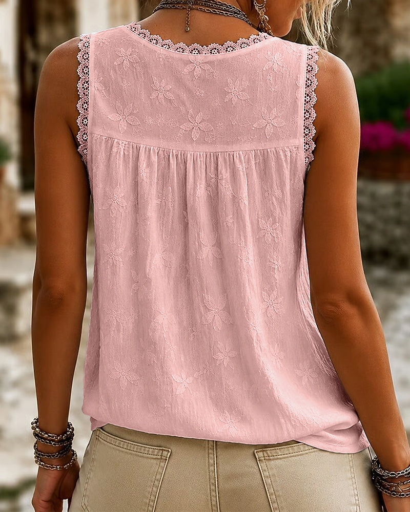 Top sin mangas de cuello en V liso con encaje