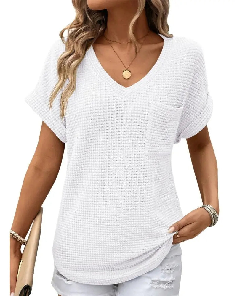 Camiseta para mujer de punto texturizado con escote en V, casual, verano