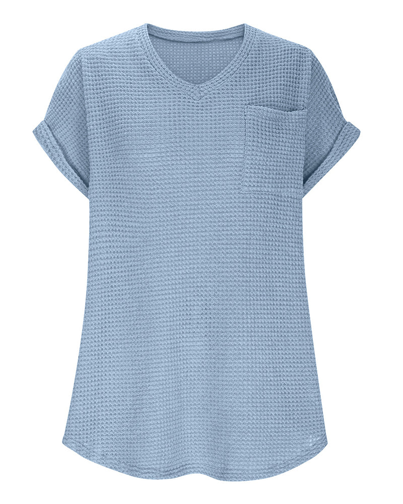 Camiseta para mujer de punto texturizado con escote en V, casual, verano