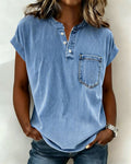 Top de denim lavado Henley de manga corta