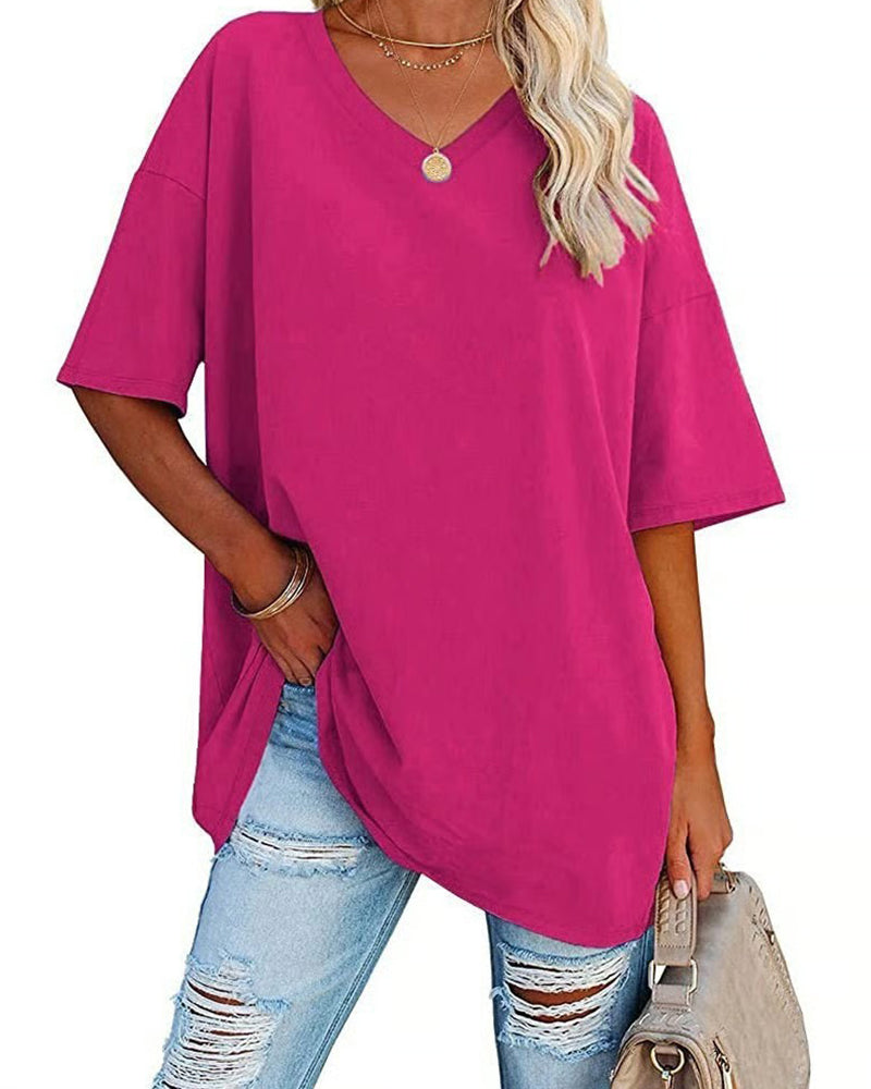Camiseta de cuello en V holgada y casual de manga corta