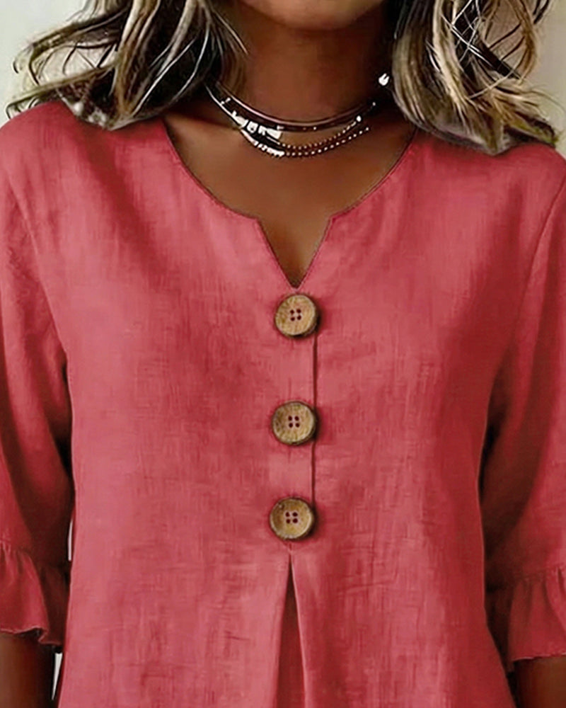 Blusas lisas de algodón-lino con botones de madera y volantes
