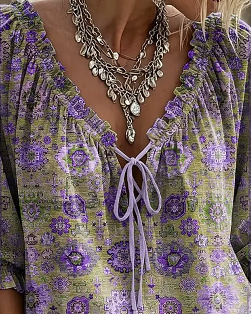 Blusa de escote en V con lazo, estampado vintage