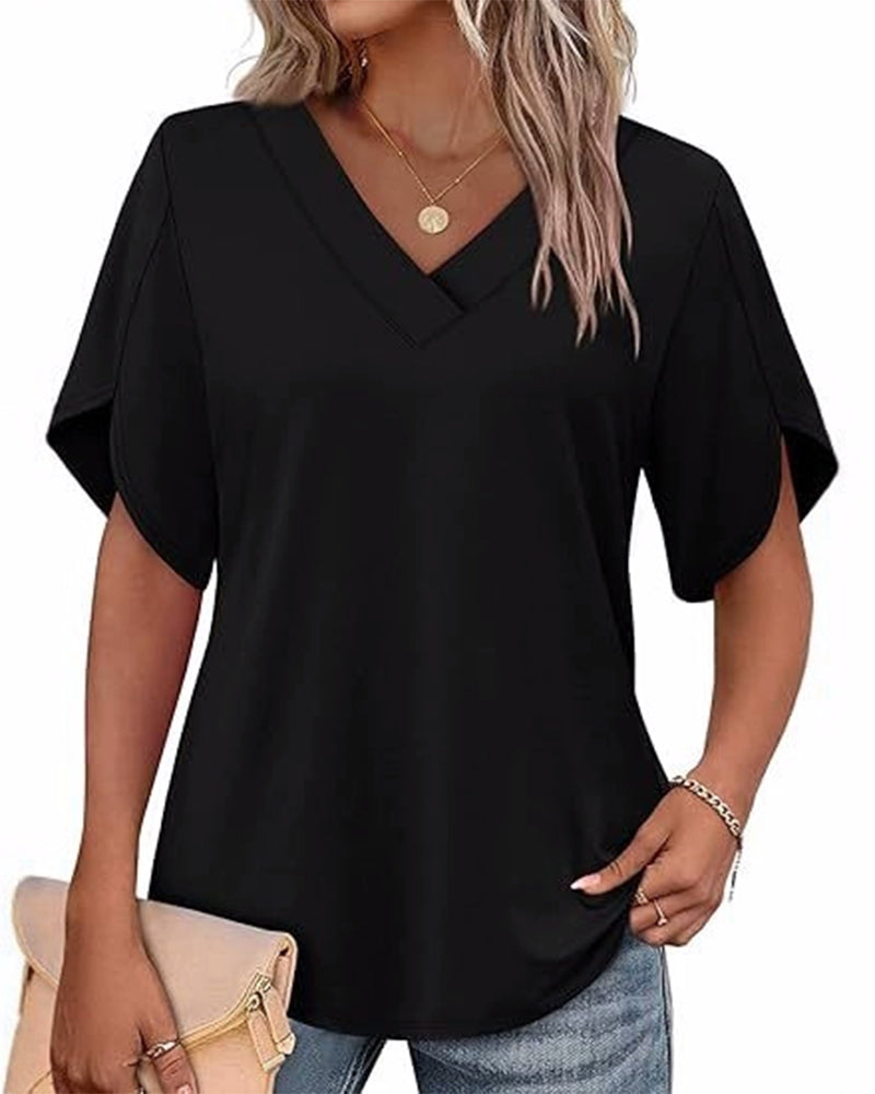 Camiseta de cuello en V, abertura pequeña, mangas cortas, lisa