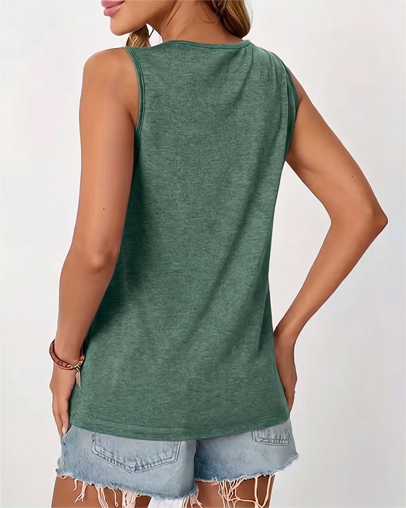 Top sin mangas liso con cuello en U plisado