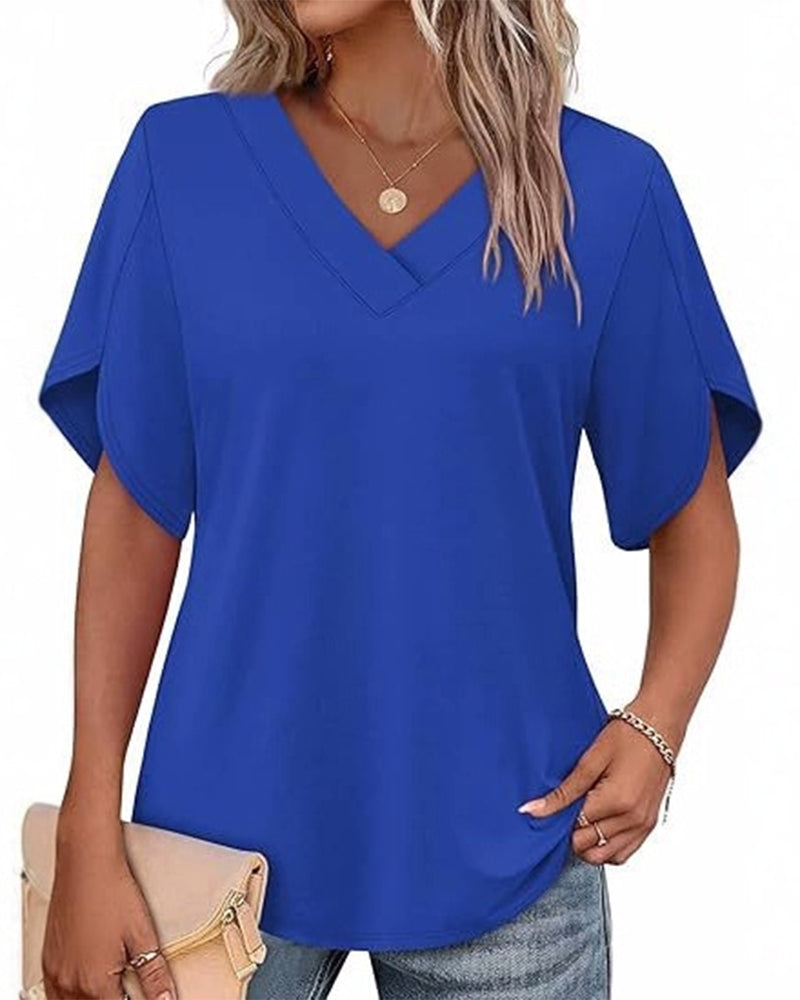 Camiseta de cuello en V, abertura pequeña, mangas cortas, lisa