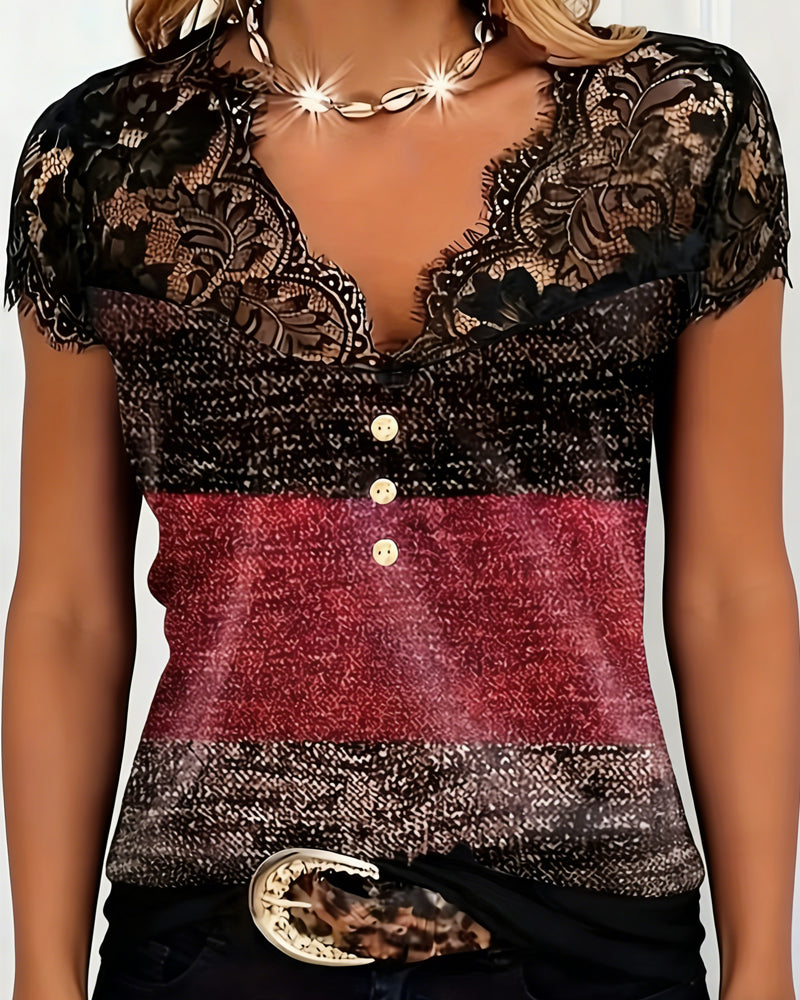 Camiseta de cuello en V con encaje y patchwork de color contrastante