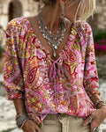 Blusa de escote en V con lazo, estampada, mangas globo