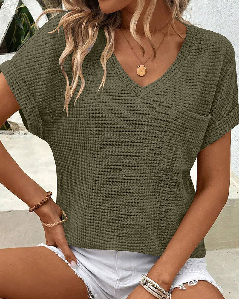 Camiseta para mujer de punto texturizado con escote en V, casual, verano