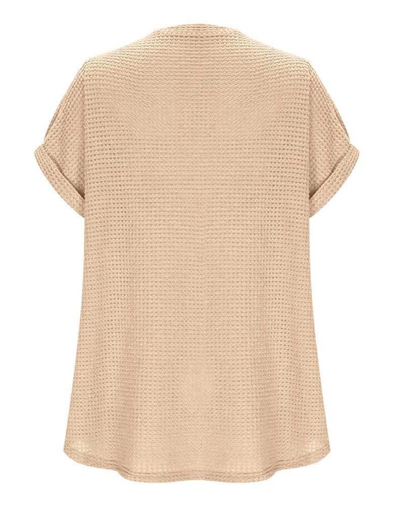Camiseta para mujer de punto texturizado con escote en V, casual, verano