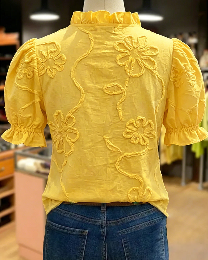 Blusa cuello en V con borde volante y manga abullonada