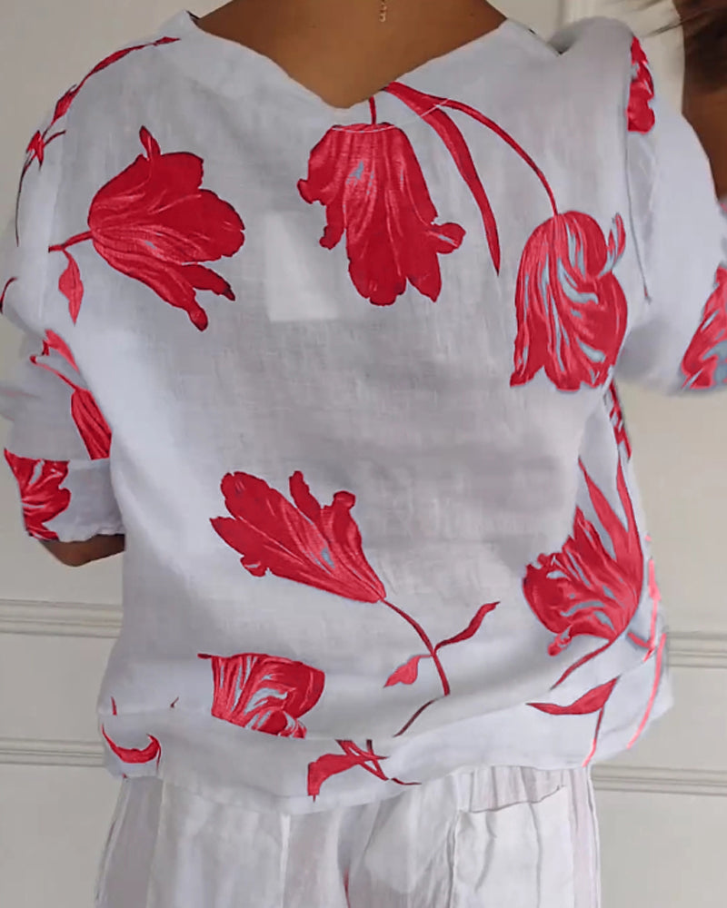 Top abotonado de algodón y lino con estampado floral